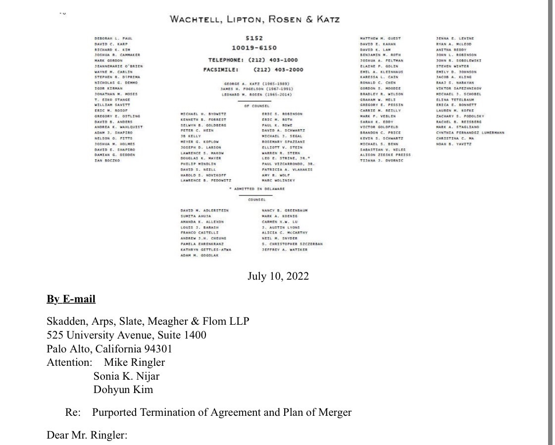 Wachtell letterhead, with ugly typefaces and many partners.